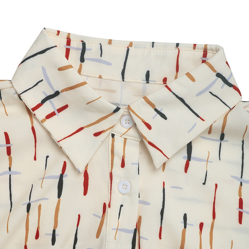 Women Summer Contrast Turndown Collar Line Print Shirt 10