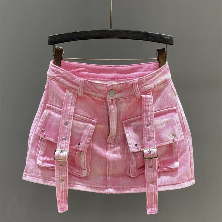 Women retro Top and pink pocket Lace-Up Cargo short skirt two-piece set 4