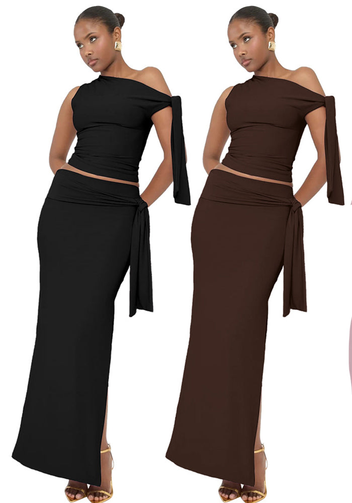 Women Summer Slash Shoulder Sleeveless Top And Skirt 2-piece set