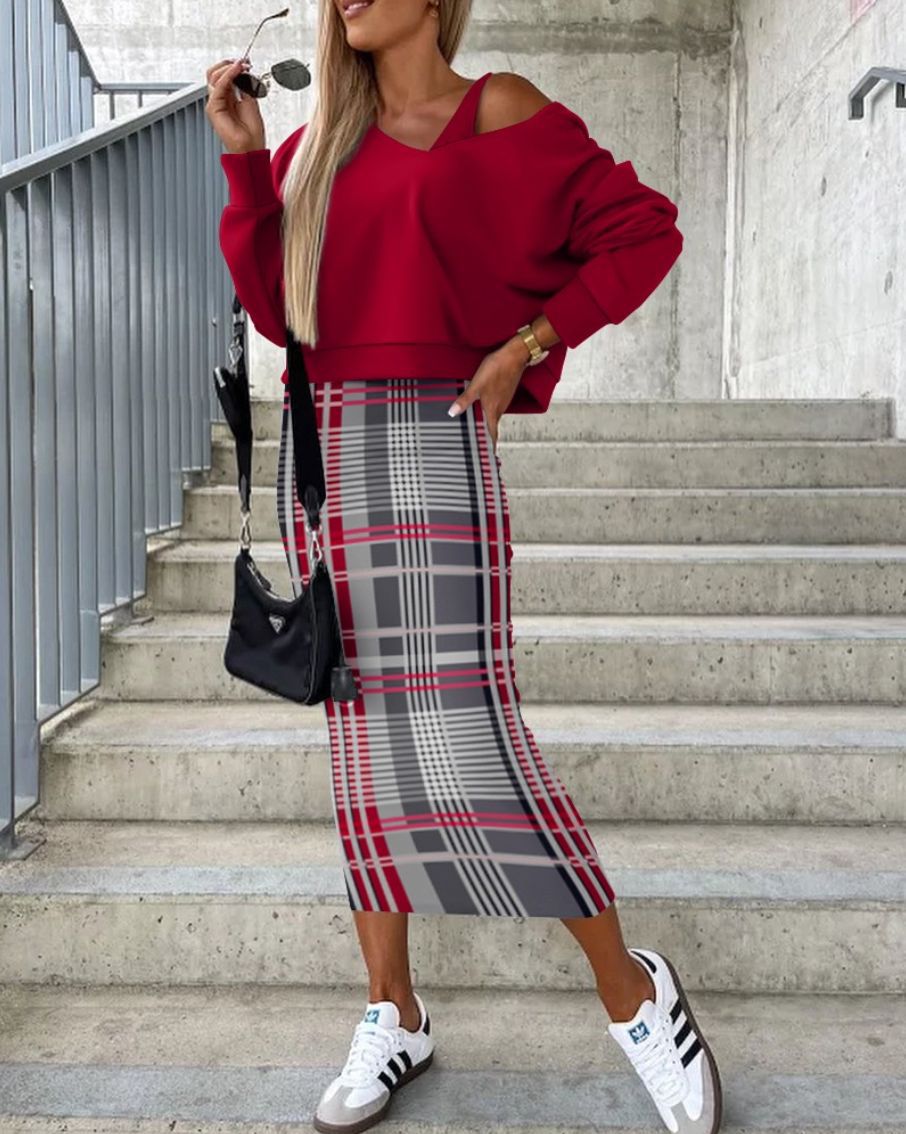 Autumn And Winter Fashion Bat Sleeves Top Slim Long Skirt Women Two Piece Set 5