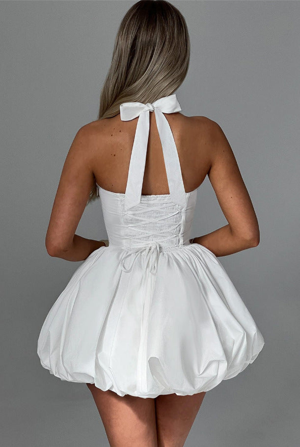 Women Summer Halter Neck Tie-Drawn Bow Puffy Dress 24