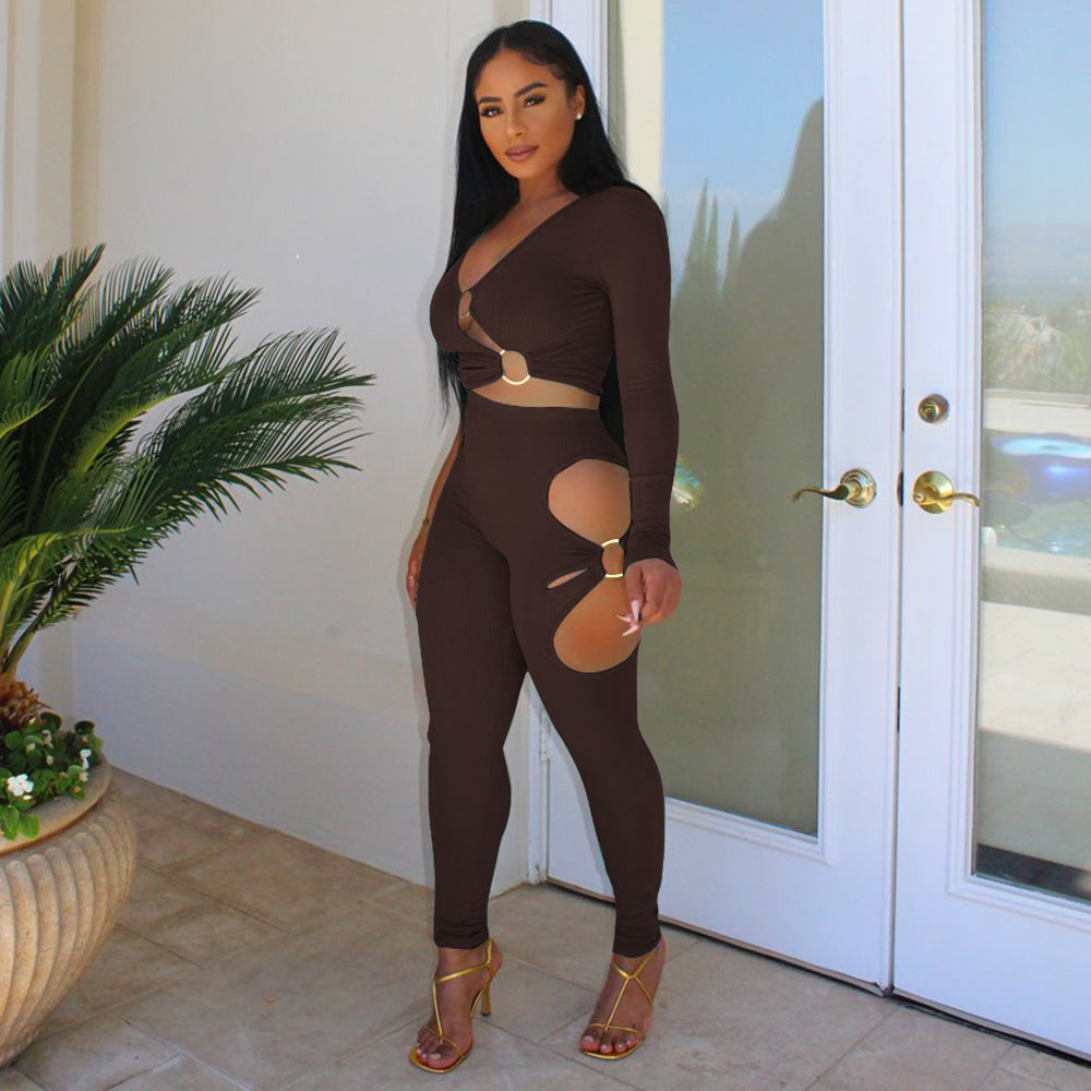 Fashionable Women's Solid Color High-Stretch Ribbed Sexy V-Neck Two-Piece Pants Set 4