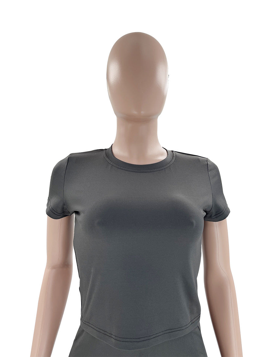 Summer Women's Fashion Casual Solid Color Round Neck Short Sleeve Top Long Skirt Set 15