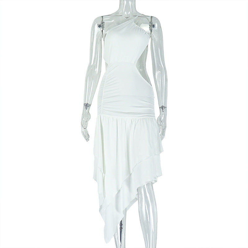 Women's Pleated Fashion Elegant Solid Color Slash Shoulder One Shoulder Strap Slit Irregular Dress 6