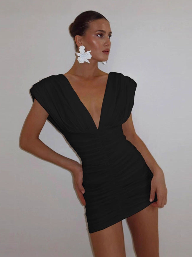 Women Summer Sexy V Neck Bodycon Pleated Solid Dress 5