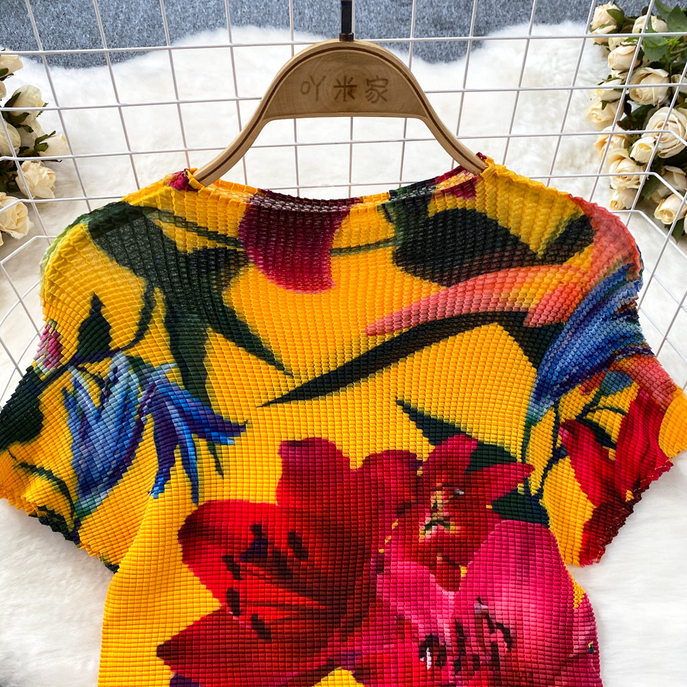 Fashion Women's Short Sleeve Printed Pleated Top High Waisted Slim Fit Wide Leg Pants Two-Piece Set 14