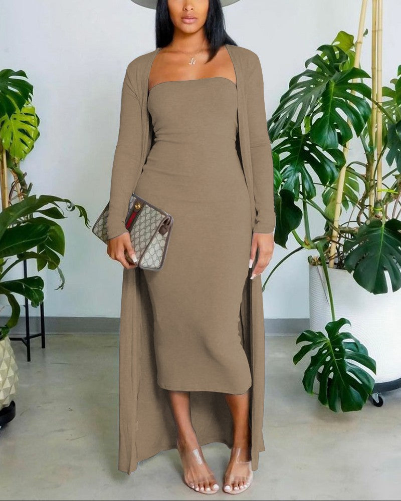 Autumn Long-Sleeved Coat Chic Fashion Solid Color Strapless Slim Long Dress Two Piece Set 5
