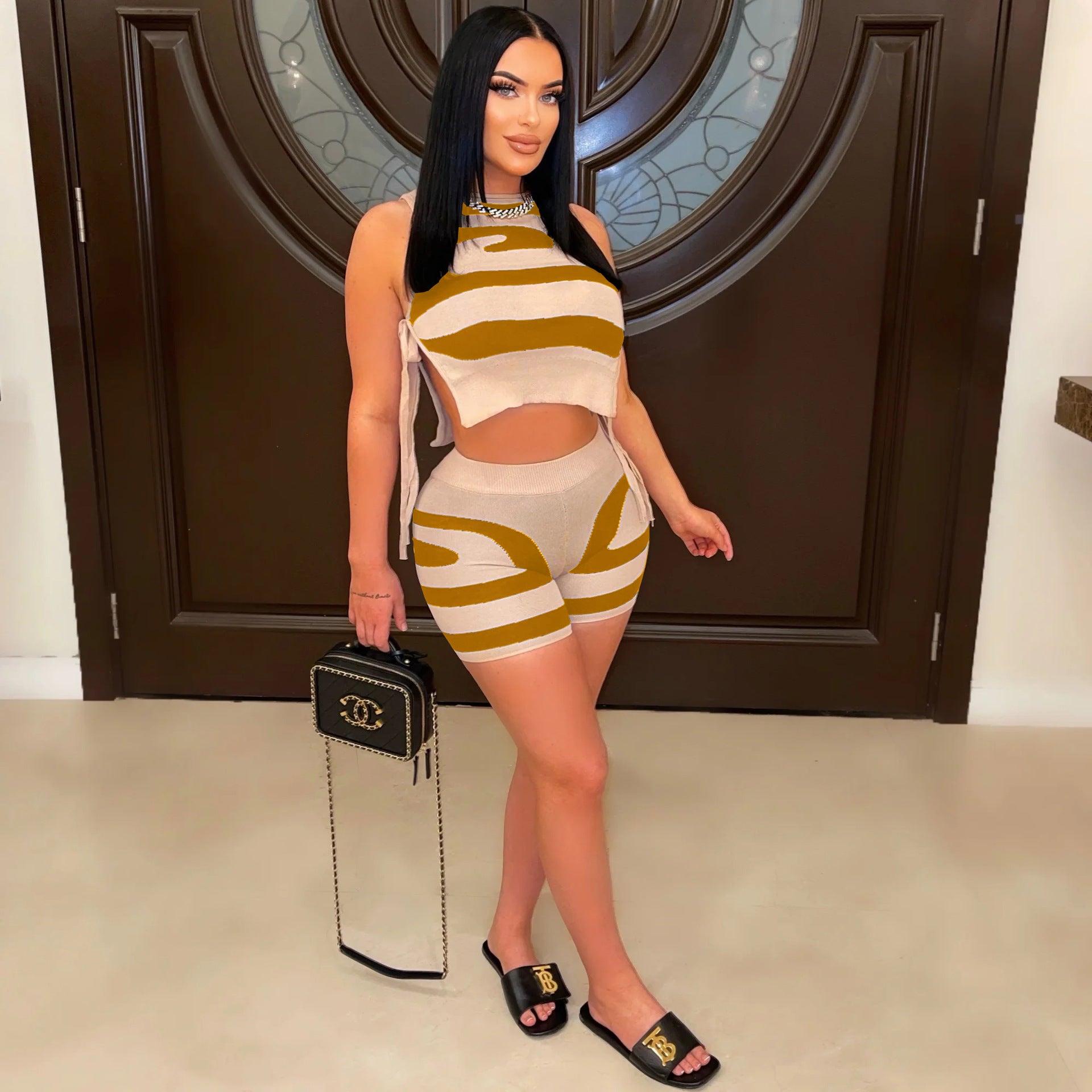 Women Sleeveless Tank Top Lace-Up Printed Casual Top and Shorts Two-Piece Set 9