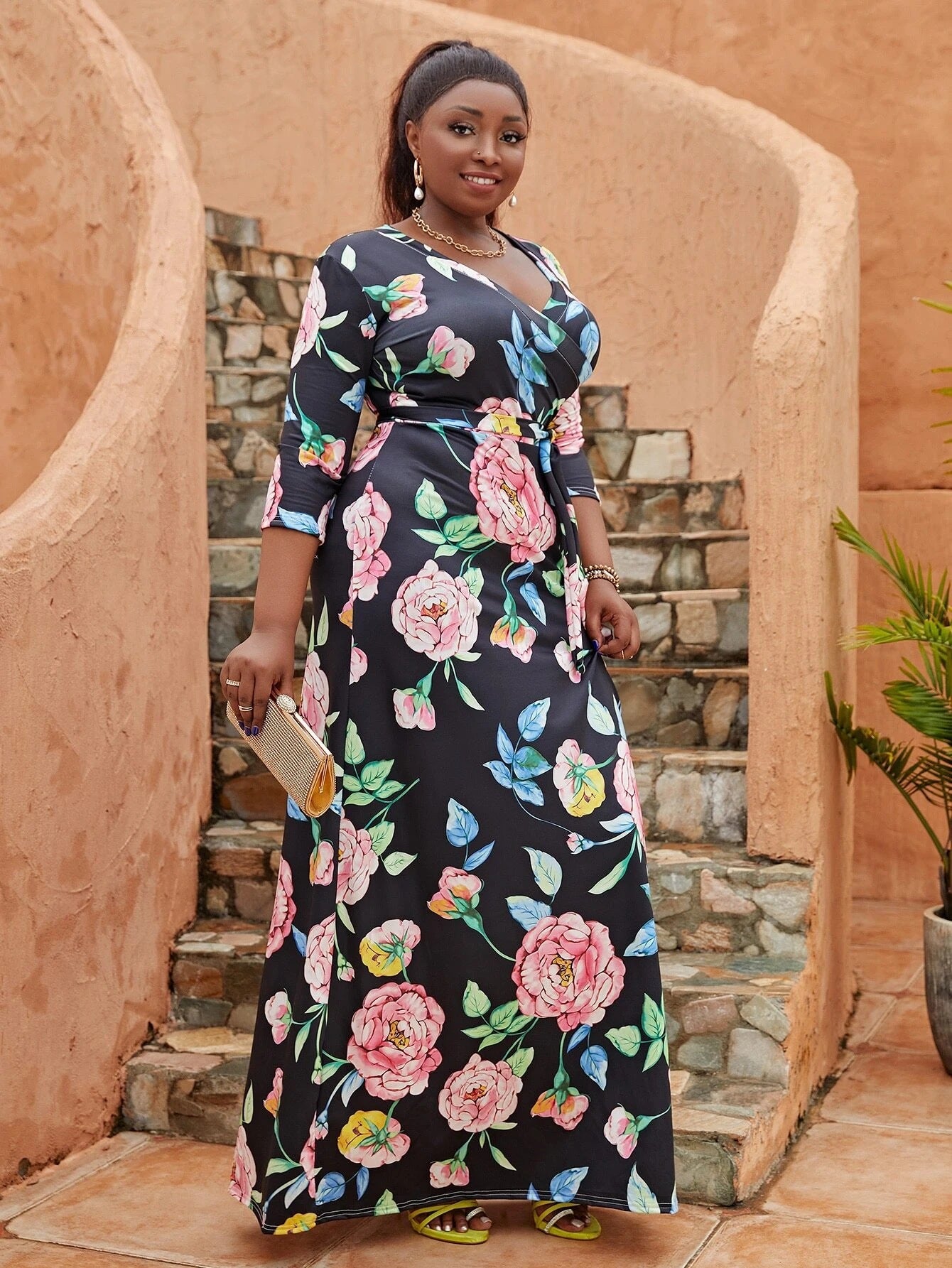 Plus Size Women's V-Neck Three-quarter Sleeve Bohemian Beach Long Dress 8