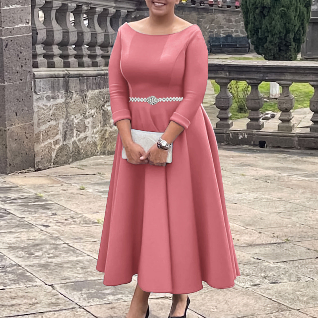 Autumn Winter Solid Color Elegant A-Line Chic Evening Dress