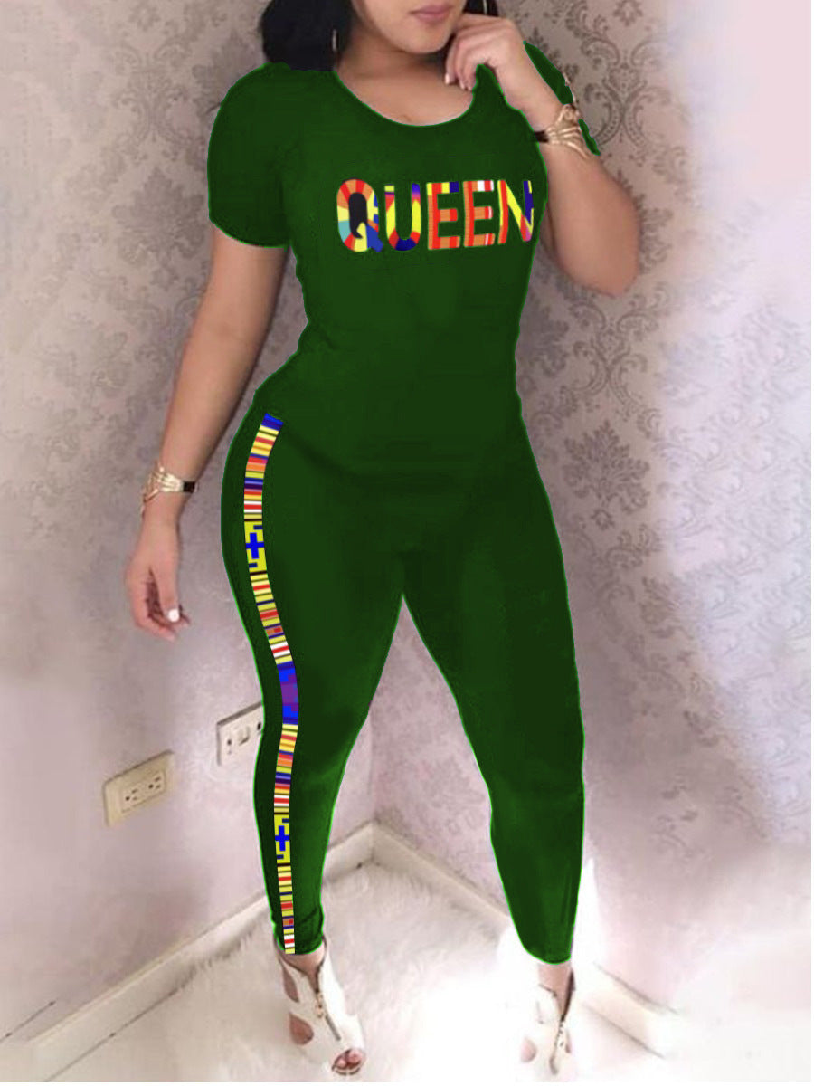 Casual Letter Print Short Sleeve Loungewear Stripe Two-Piece Pants Set For Women 8