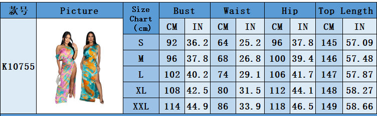 Fashion Women's Sexy Tie-Dye Printed Slash Shoulder High Slit Long Dress 12