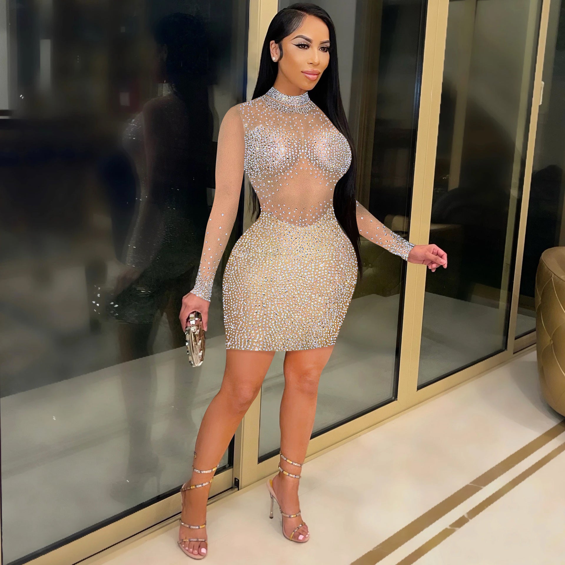 Sexy Nightclub Women Clothes Beaded Mesh See-Through Round Neck Long Sleeve Midi Dress 6