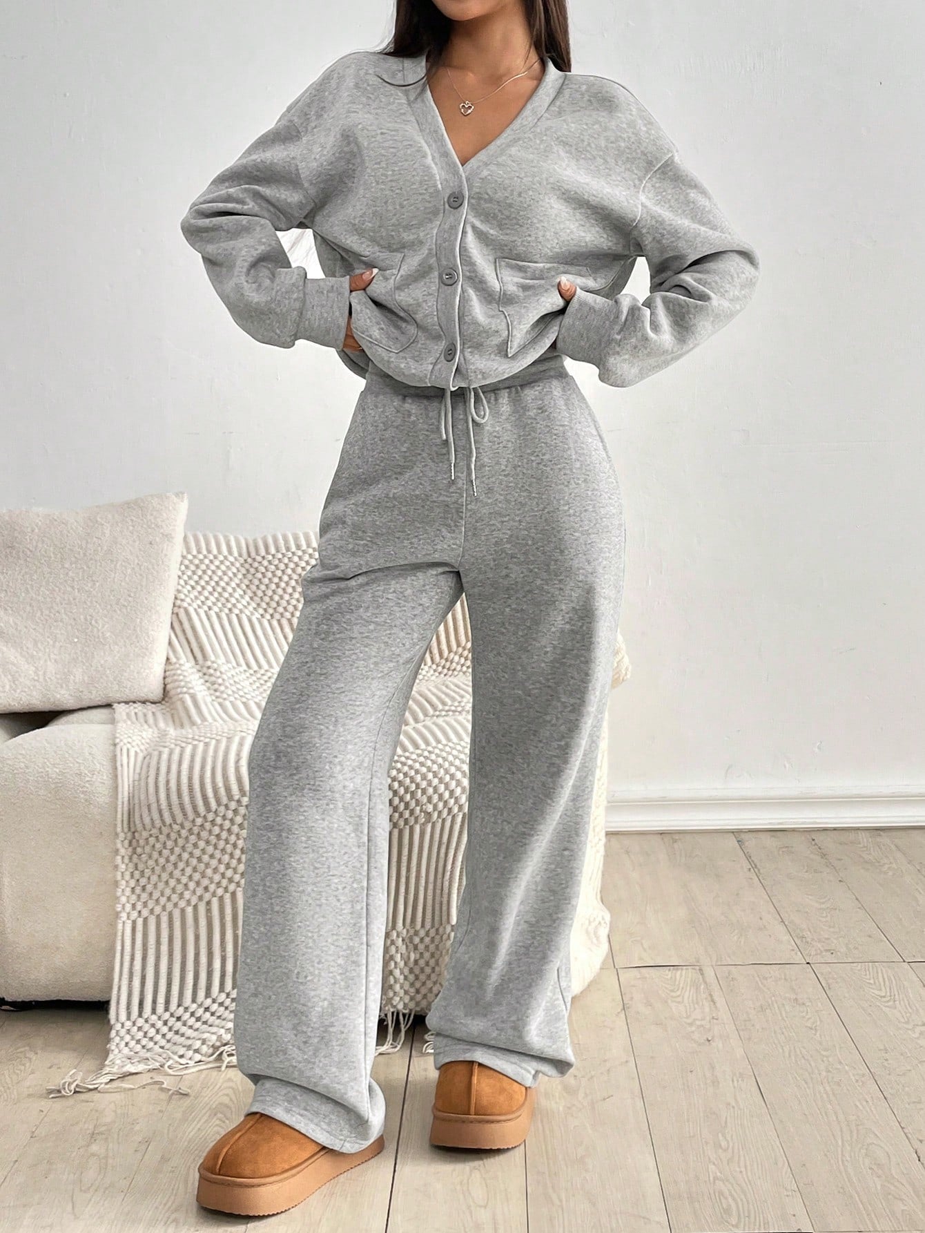 Women's Autumn & Winter Button Coat & Wide-Leg Pants Casual Set 5