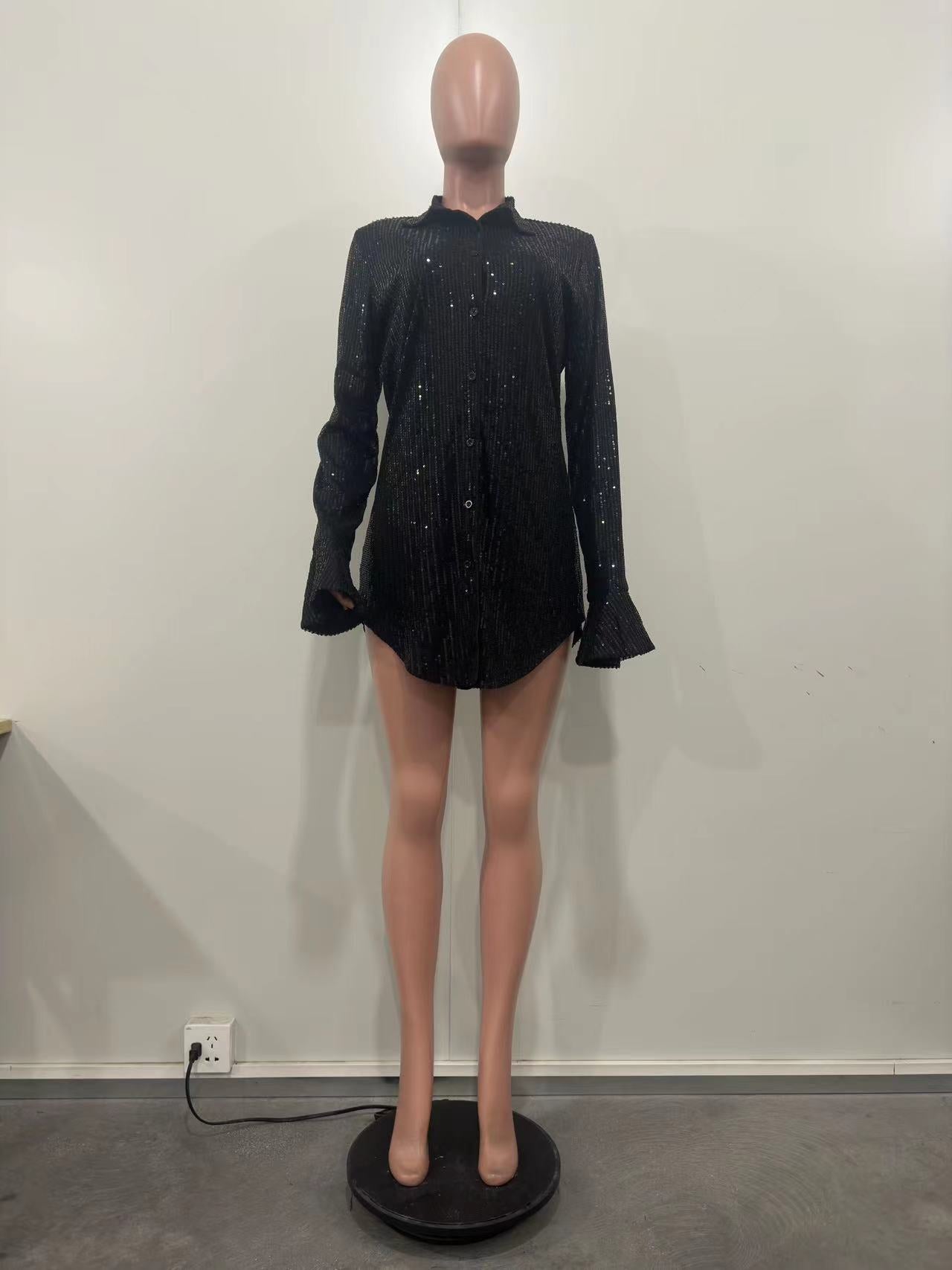 Women's Solid Sequin Loose Long Sleeve Shirt Dress 11