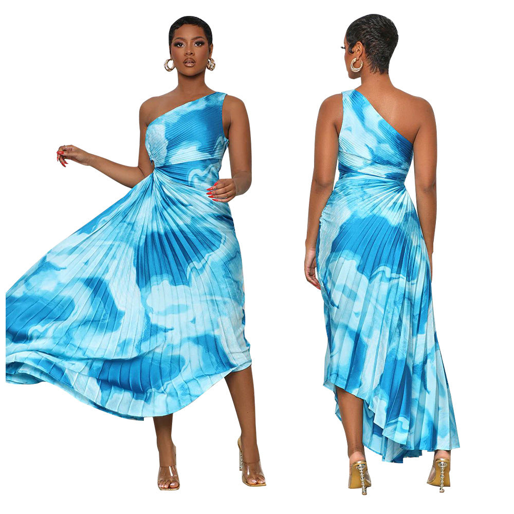 Women Slash Shoulder Sleeveless Pleated Maxi Dress 9