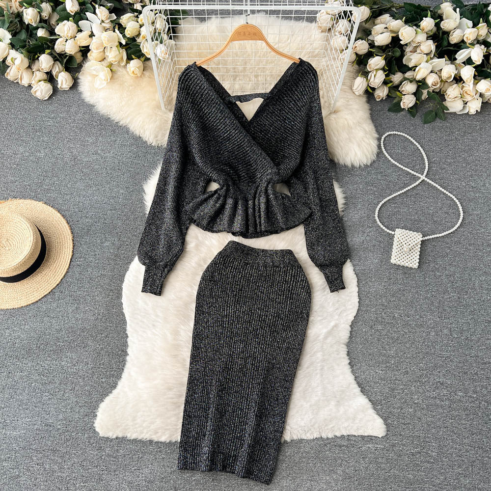 Autumn And Winter Style Suit For Women V-Neck Ruffled Short Knitting Shirt Bodycon Skirt Two-Piece Set 19