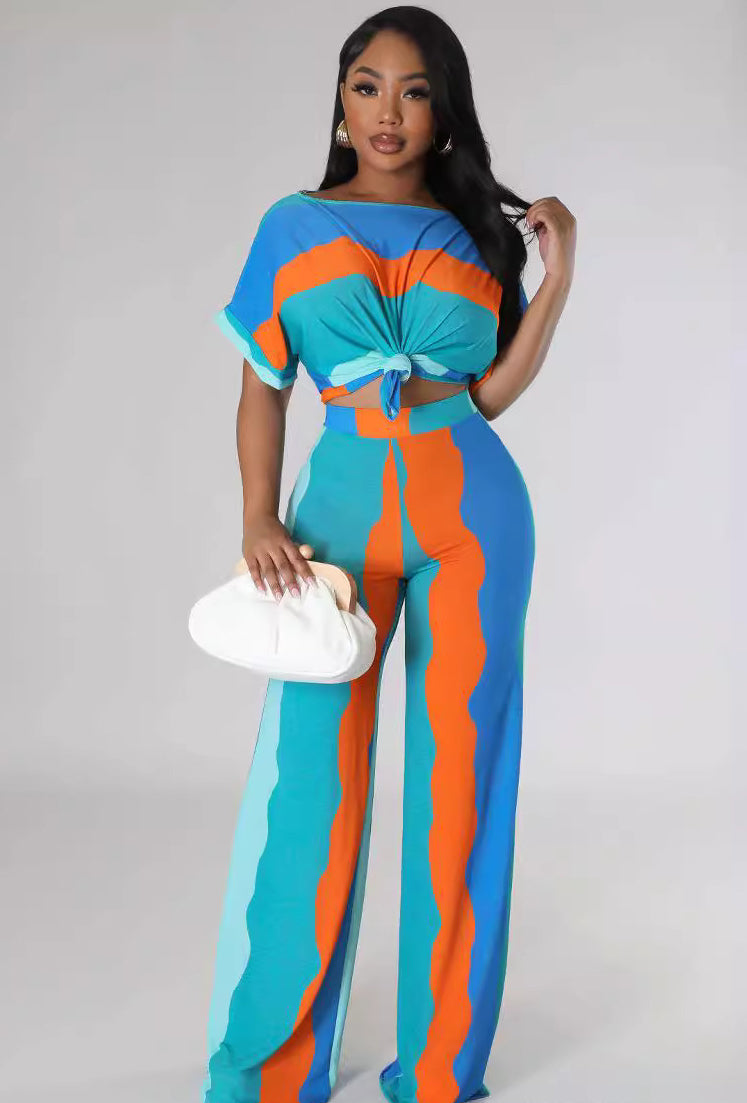 Stripe Printed Short Sleeve Loose Casual Two-Piece Pants Set 6