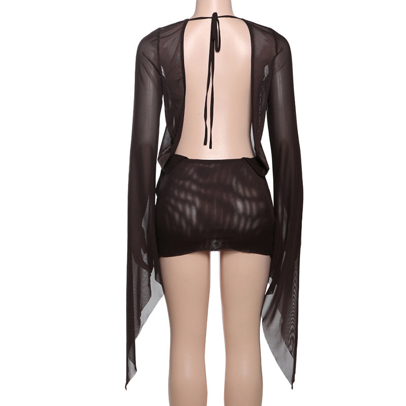 Spring Sexy Deep V See-Through Low Back Lace-Up Solid Mini Dress 10