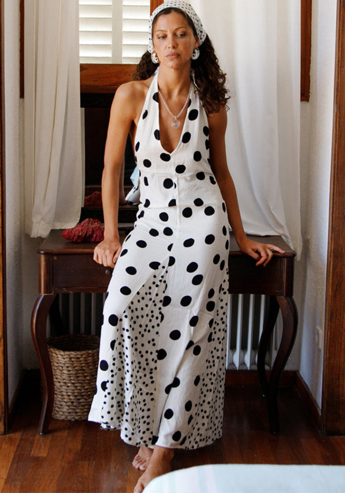 Women Summer Sexy V-Neck Lace-Up Polka Dot Patchwork Backless Maxi Dress