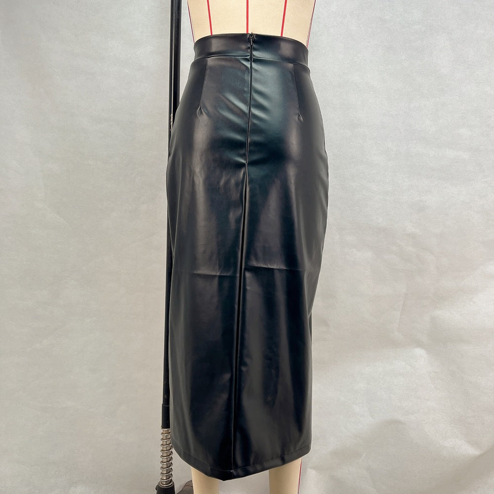 Women's Clothing Solid Color High Waist Slim Slit Leather Skirt 11