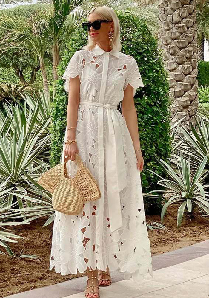 Spring/Summer Short Sleeve Single-Breasted Lace Floral Mid-Length Dress