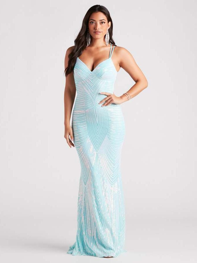 Sexy V-Neck Strap Sequin Evening Dresselegant Formal Party Gown