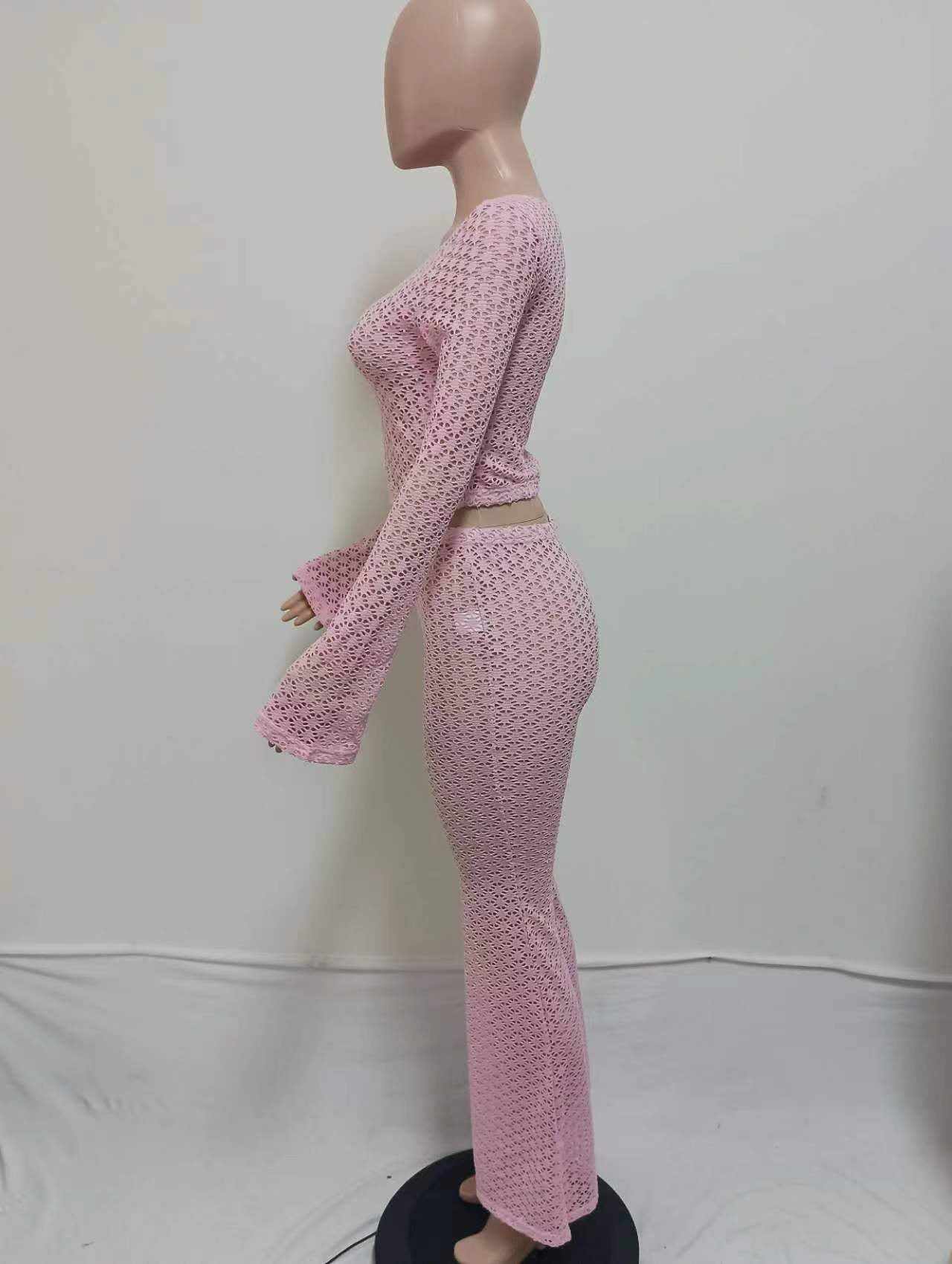 Women's Sexy Lace Ripped See-Through Crop Top High-Waist Long Pants Set 7