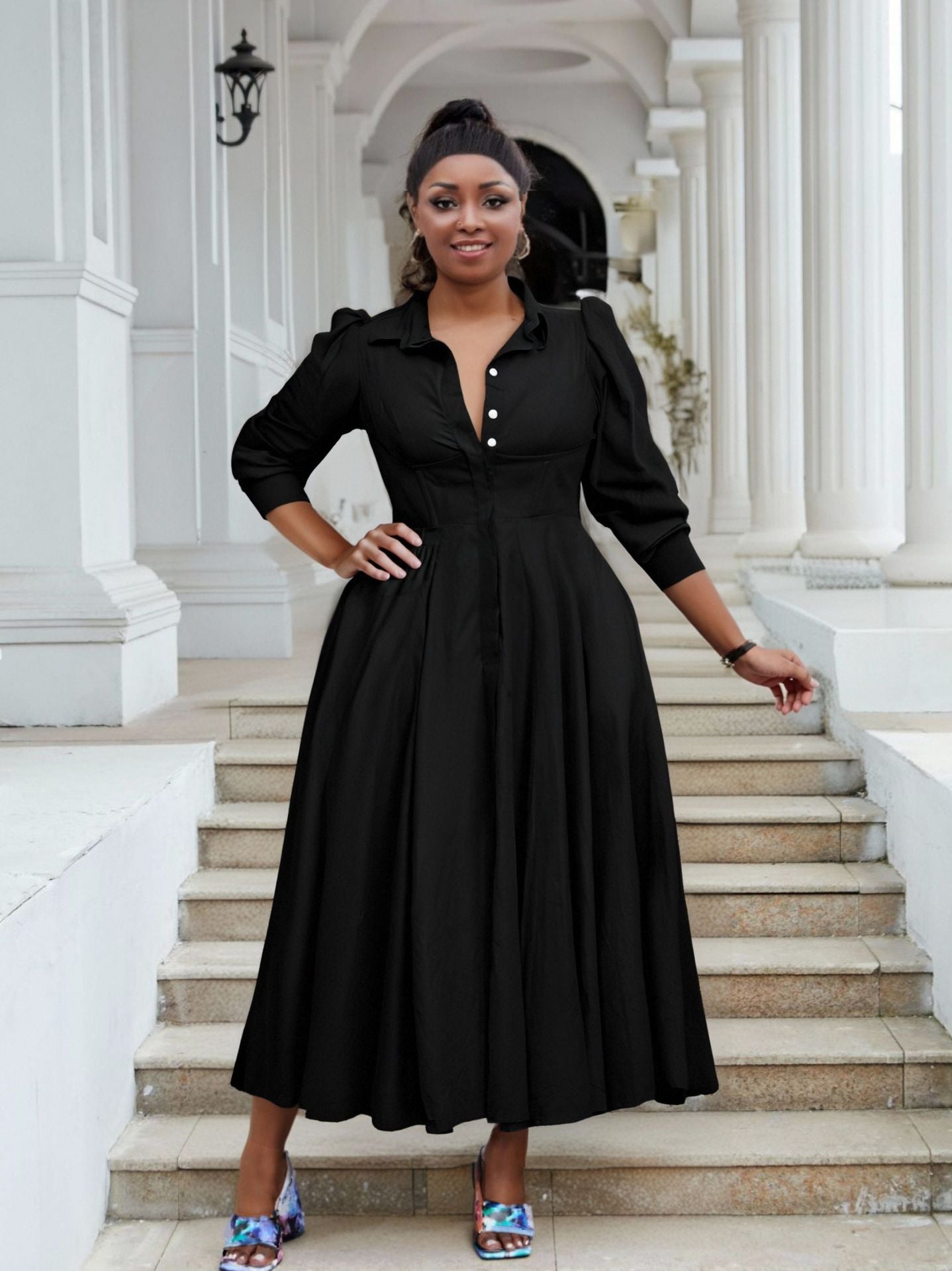 Plus Size Women Elegant Long Sleeve Solid Shirt Dress 4