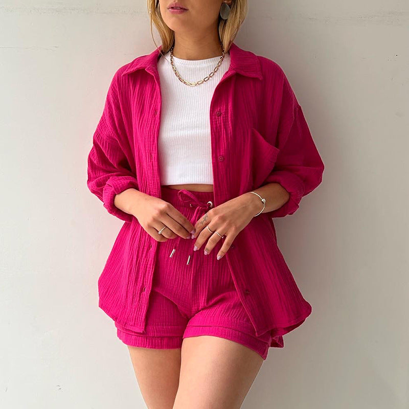 Women's Spring Crinkle Turndown Collar Long Sleeve Shirt High Waist Drawstring Shorts  2PC Set 10