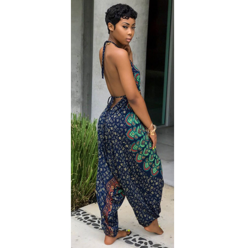 Women Clothing Style Positioning Print Sleeveless Backless Lace-Up Halter Low Profile Loose Jumpsuit 6