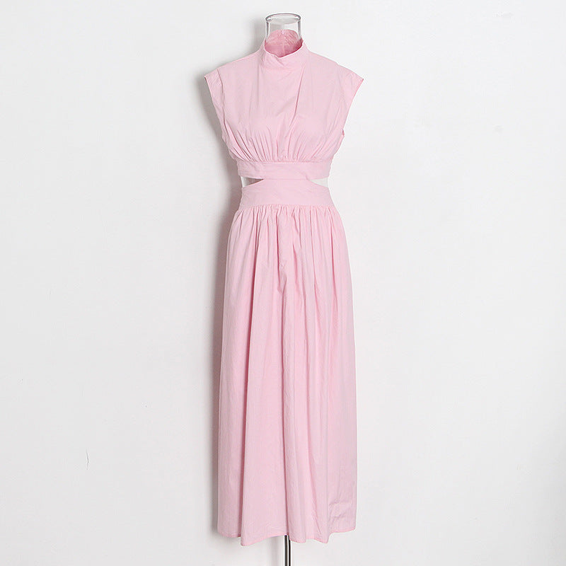 Casual Maxi Dress Summer Simple Stand Collar Sleeveless Cut Out Solid Color Dress 4