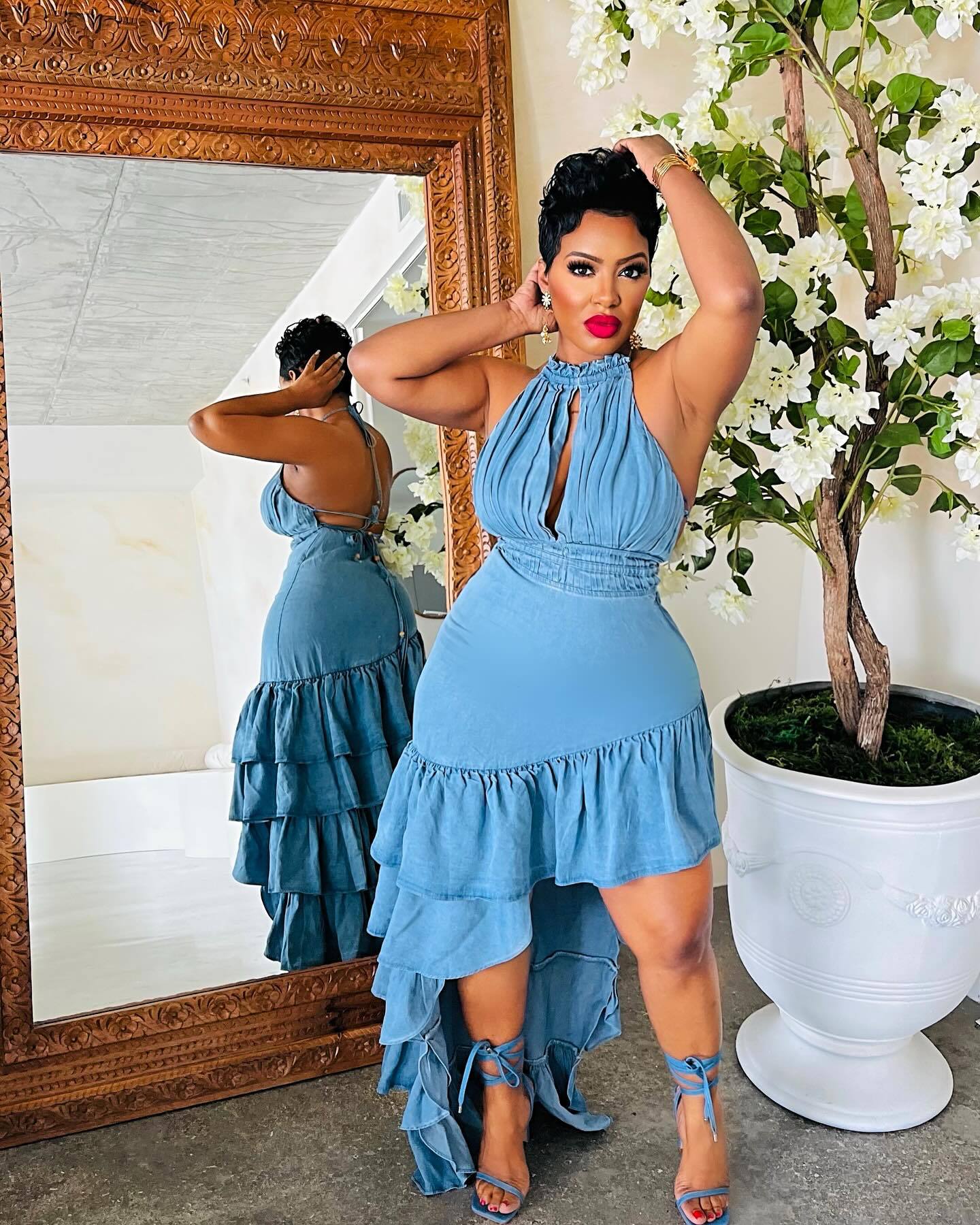 Fashion Halter Backless Irregular Ruffles Layer Dress