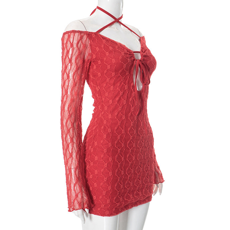 Women Spring Sexy Lace Hollow Tie Bodycon Dress 6