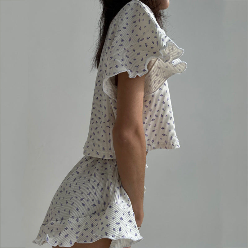 Summer Women's Casual Printed Short Sleeve Round Neck Top Shorts Pajamas Two-Piece Set 6