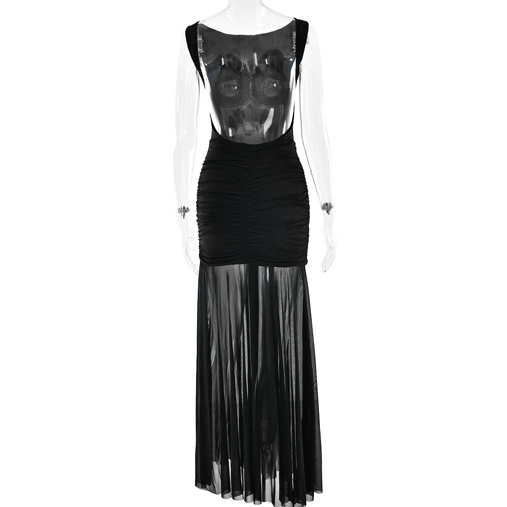 Women's Summer Sexy Solid Sleeveless Low Back Slit Pleated Long Dress 14