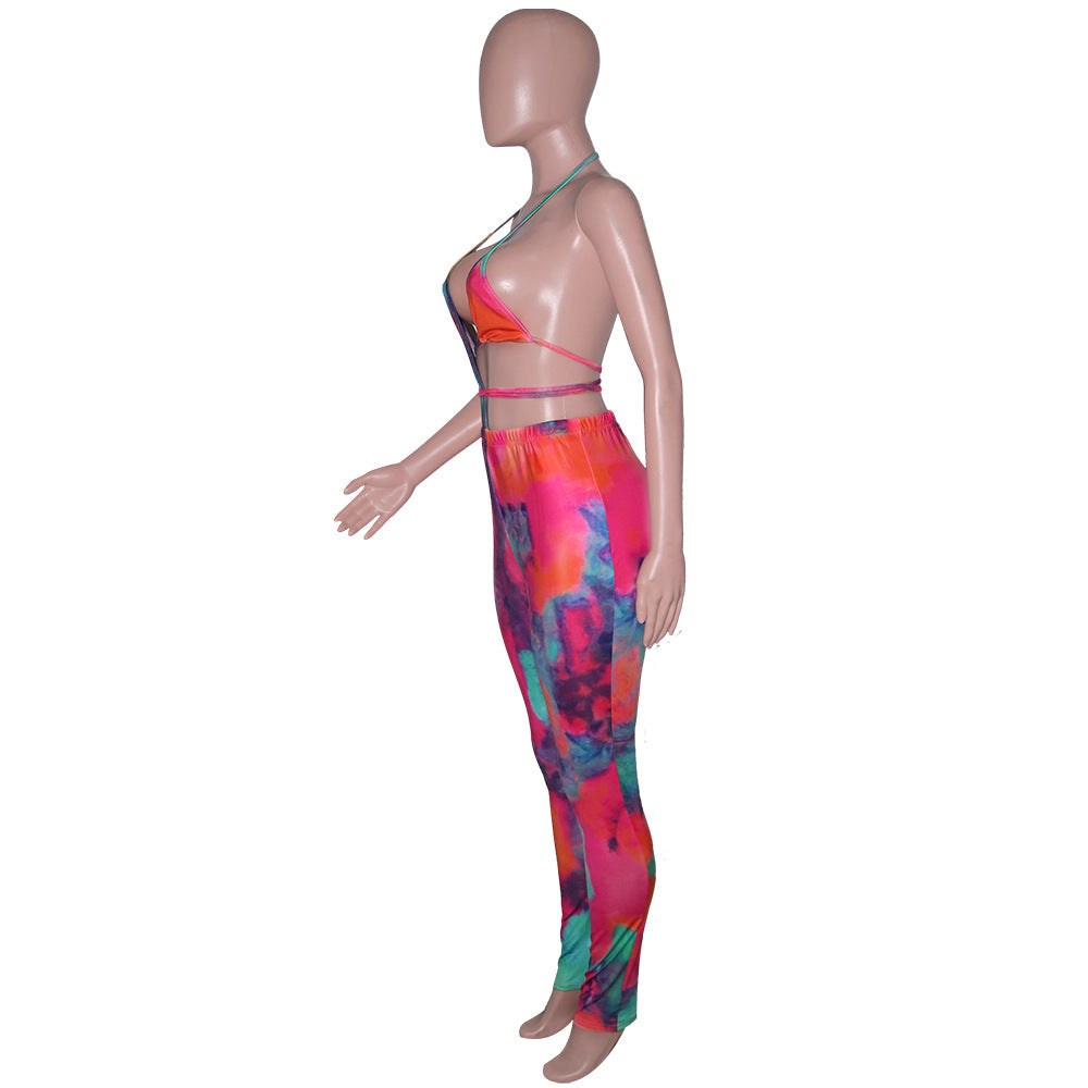 Women Summer Sexy Hollow Lace-Up Bikini Top and Printed Pant Two-piece Set 10