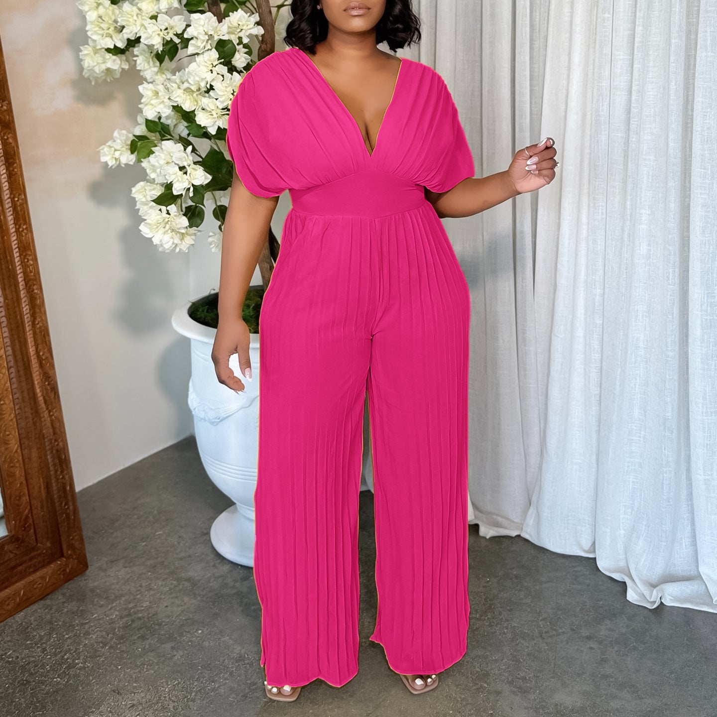 Women's V Neck Solid Color Pleated Jumpsuit 4