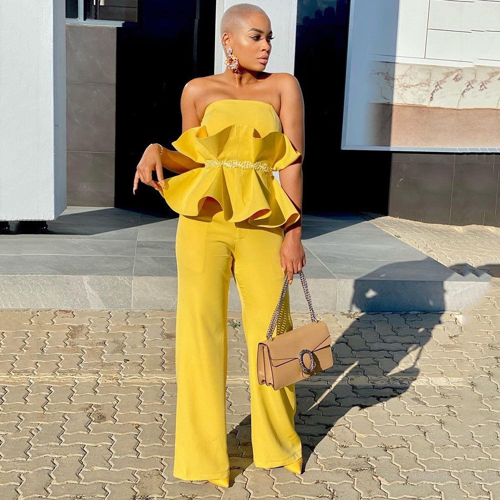 Women Solid Strapless Elegant Ruffle Top+ Wide Leg Pants Style Two Piece 5