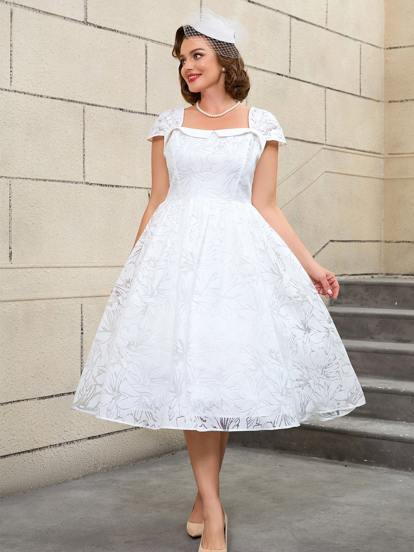Plus Size Wedding Jacquard White Square-Neck High-Waist A-Line Elegant Wedding Dress 10