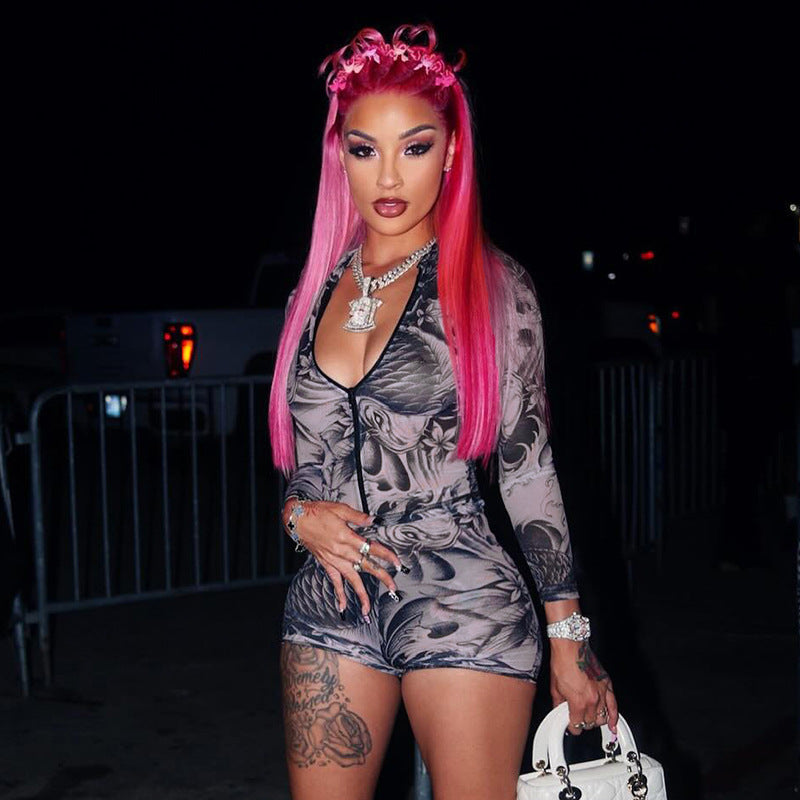 Women's Summer Autumn Zipper Round Neck See-Through Print Long Sleeve Two Piece Shorts Set 13