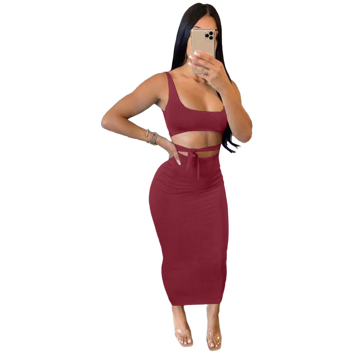Women's Spring Summer Solid Color Strap Slim Two Piece Skirt Set 15