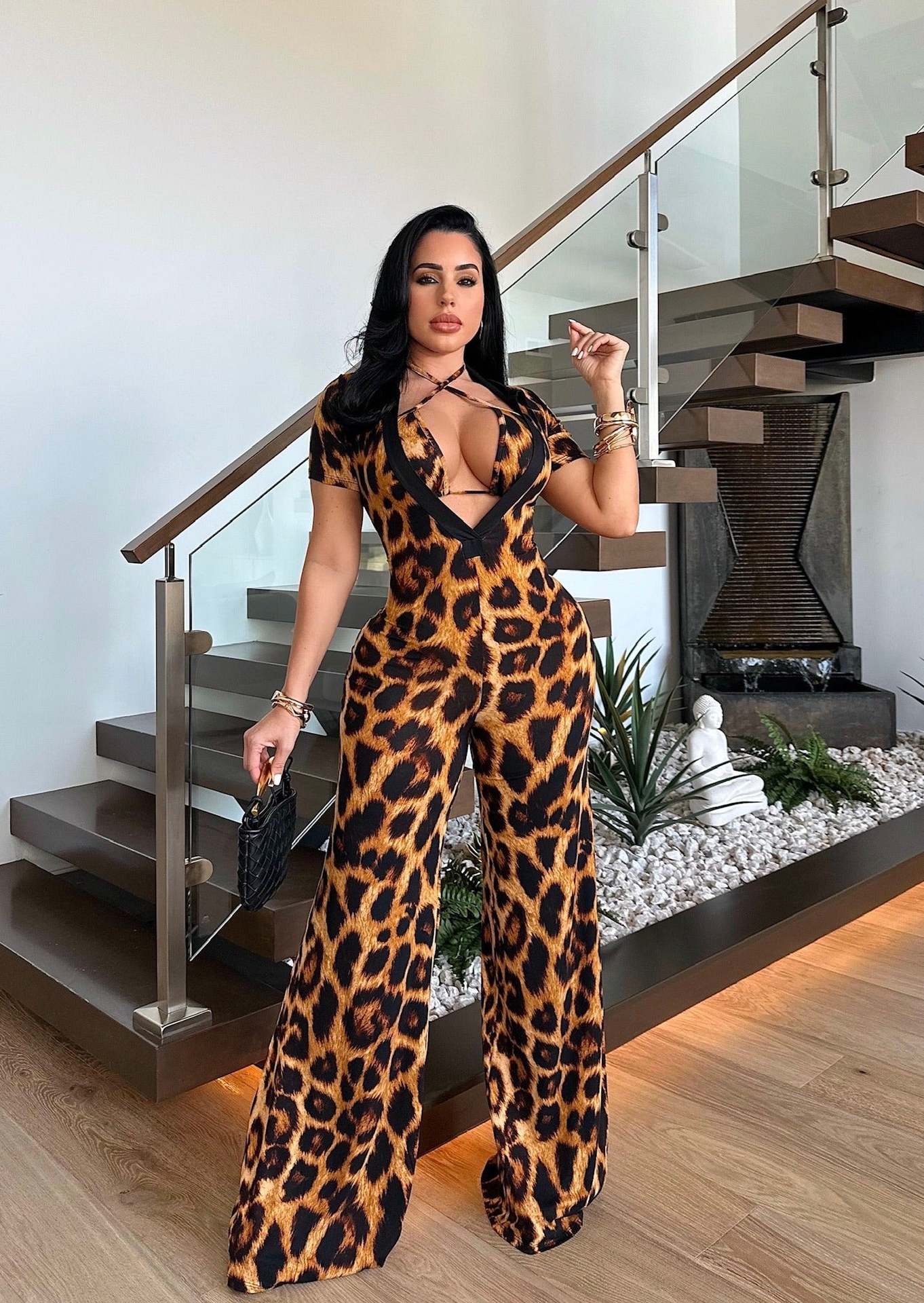 Summer Women Leopard Print Tie-Drawstring Chest Wide Leg Jumpsuit