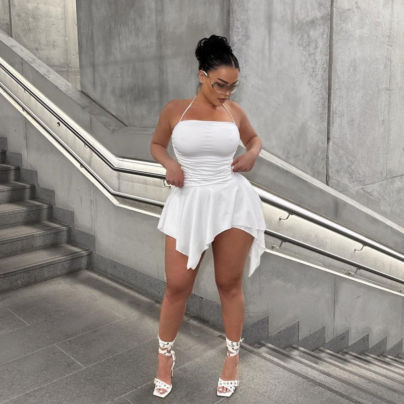 Women Summer Solid Sleeveless Halter Neck Strapless Irregular Dress