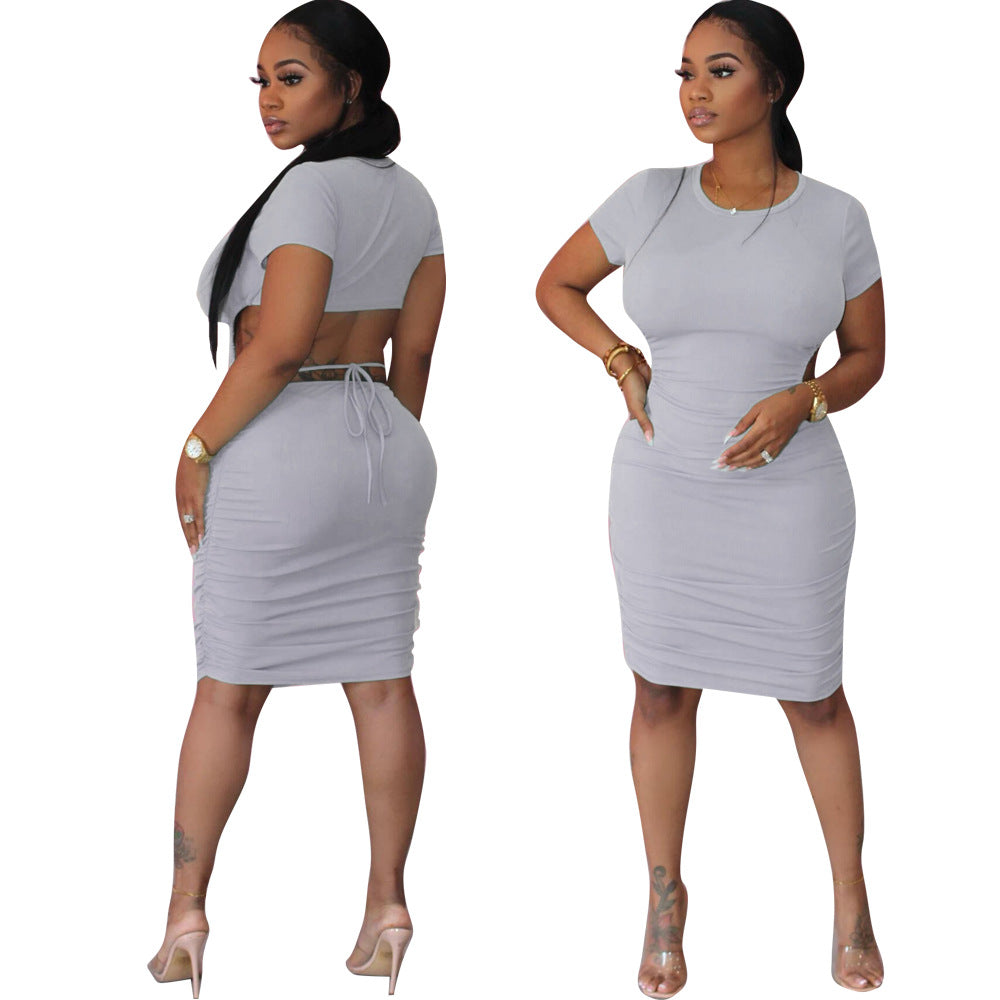 Spring Summer fashionable solid color round neck back hollow midi dress 12