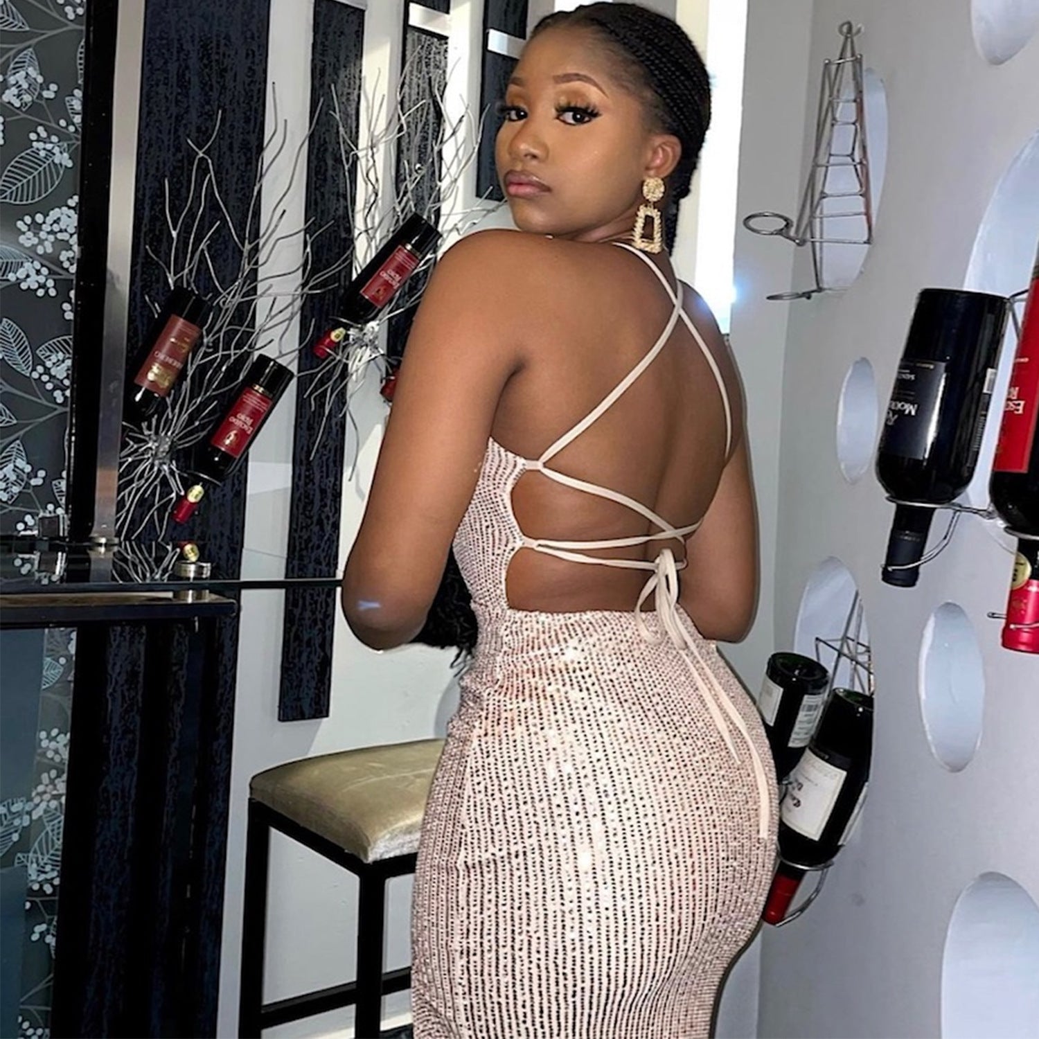 Women Fashion Sexy Low Back Lace-Up Sequin Slit Evening Dress 5