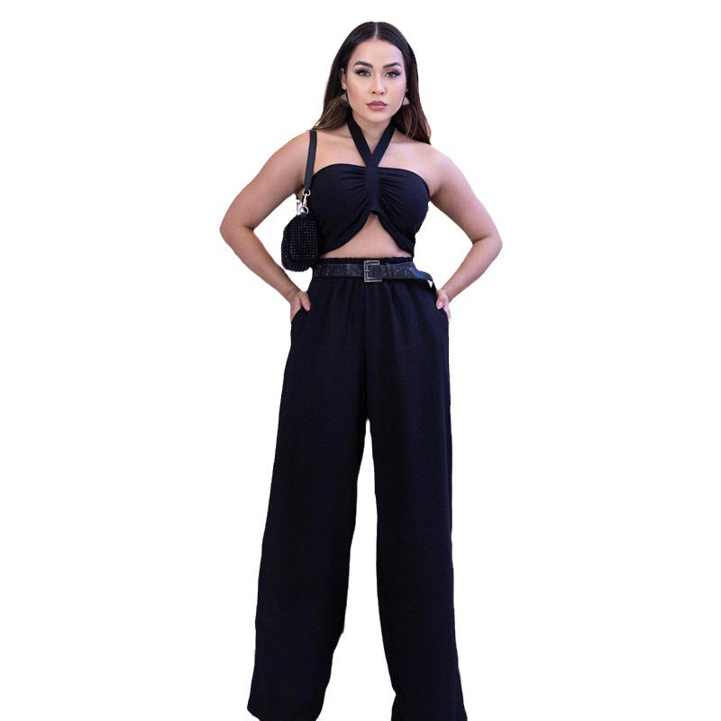 Fashion Women's Sleeveless Sexy Strappy Top Elastic Waist Loose Trousers Two-Piece Set 8