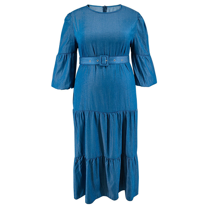 Plus Size Women's Pleated Denim Dress With Belt 4