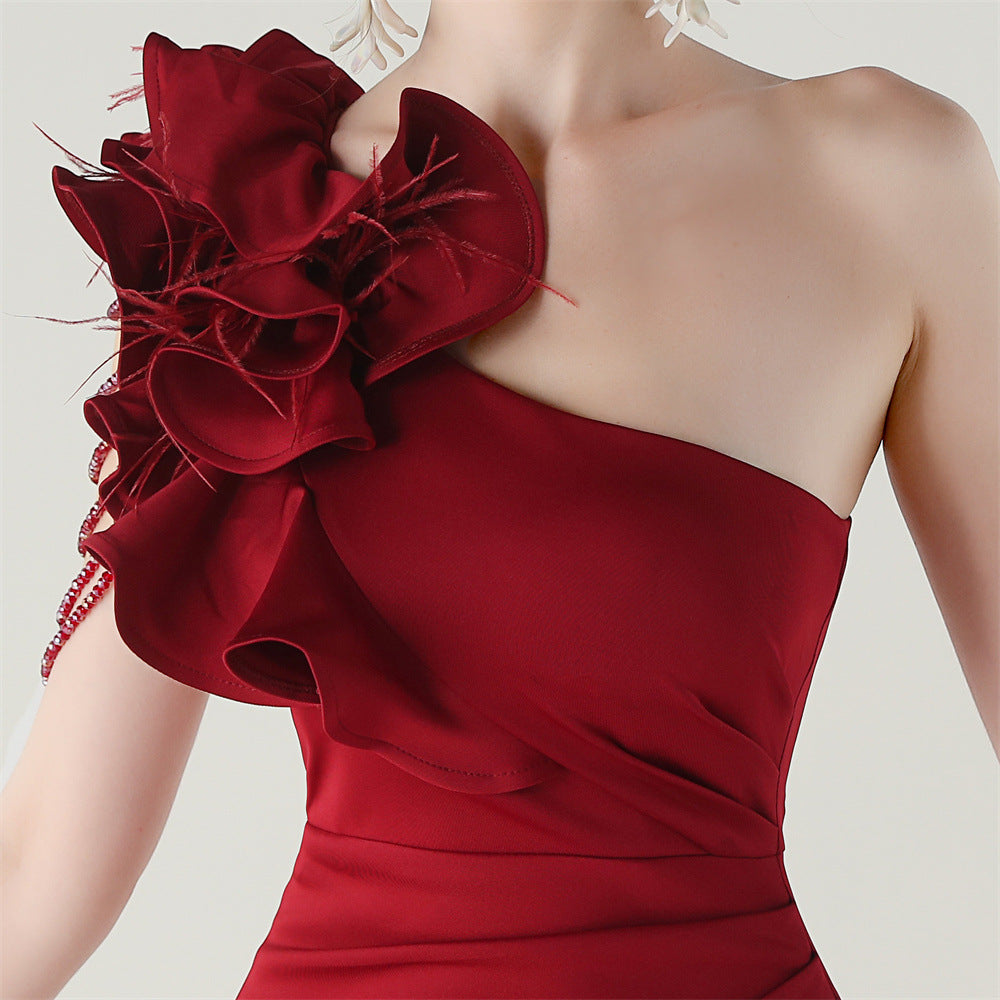 Women One-Shoulder Beaded Wool and Floral Satin Slit Sexy Evening Dress 77