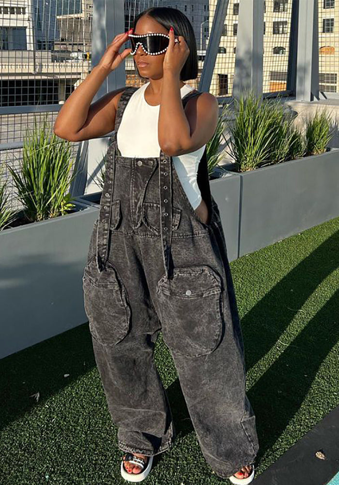 Women style pocket suspenders Denim wide leg pants